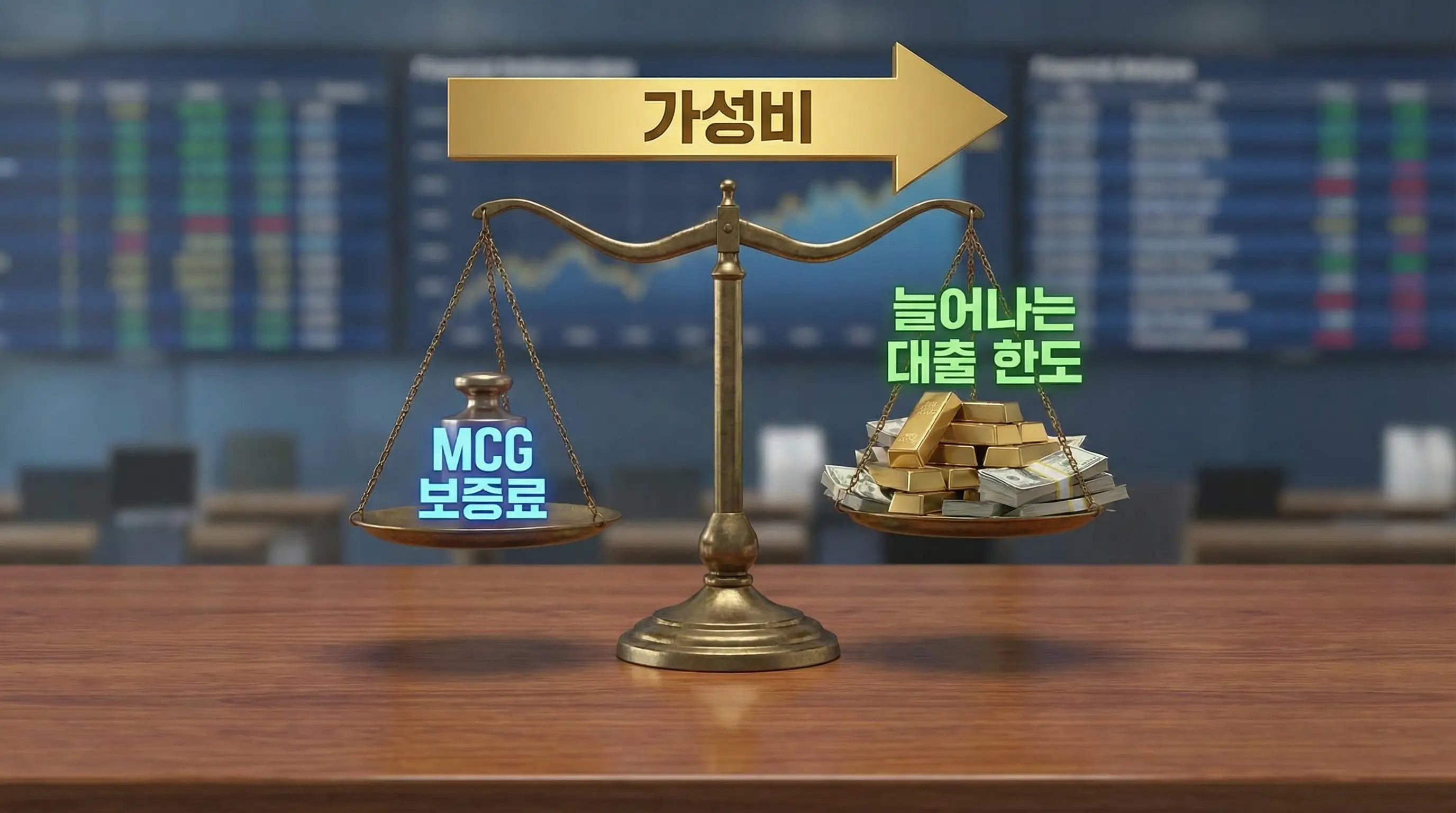 MCG 보증료와 이를 통해 늘어나는 대출 한도를 저울에 올려 가성비를 보여주는 3D 이미지