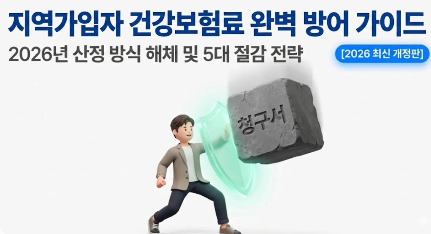 2026년 지역가입자 건강보험료 계산법 총정리 대표 이미지. 청구서 형태의 돌덩이를 방패로 막아내는 캐릭터가 등장하며 지역가입자 건강보험료 완벽 방어 가이드라는 제목과 2026년 산정 방식 해체 및 5대 절감 전략이라는 부제가 표시되어 있음. 소득월액 7.19%와 재산 부과점수 211.5원 구조의 산정기준부터 프리랜서 자영업자 수입별 시뮬레이션과 피부양자 전환 임의계속가입 등 절감 전략까지 다루는 블로그 글의 핵심 내용을 시각적으로 전달함