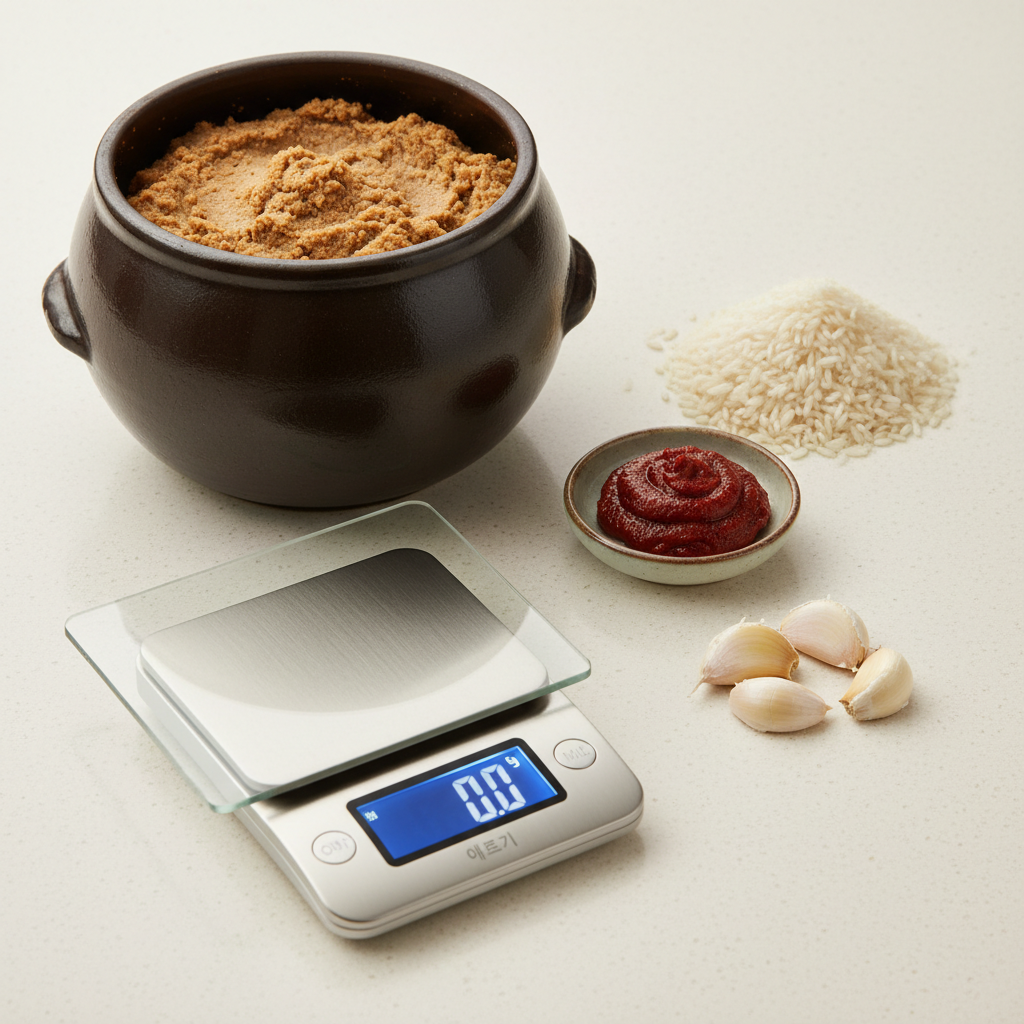 자박자박 강된장 재료와 계량 저울