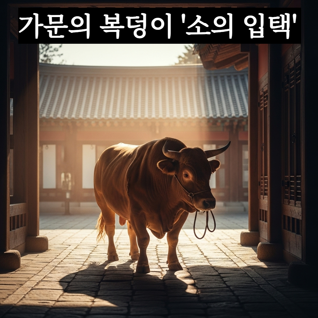 따사로운 햇살이 내리쬐는 한국 전통 가옥의 마당으로 듬직하고 커다란 황소를 끌고 들어오는 사람의 뒷모습과 윤기 흐르는 소의 털이 돋보이는 장엄한 일러스트
