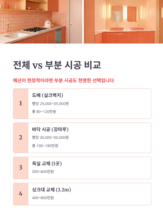 전체 리모델링 vs 부분 시공 비용 비교