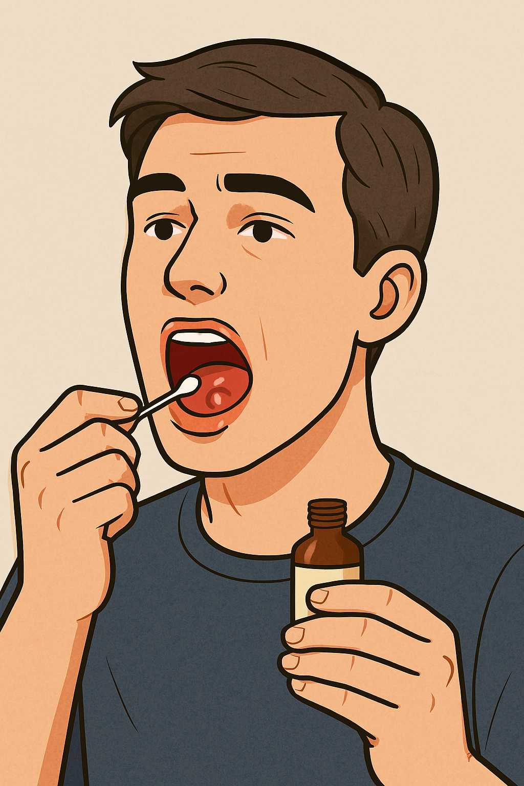 입안 구내염에 면봉에 약을 찍어서 입안데 바르고 있는 남성