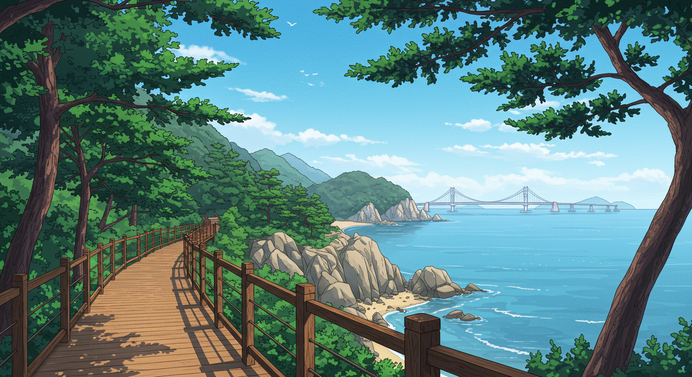 이기대 해안 숲속 산책로와 광안대교 전망