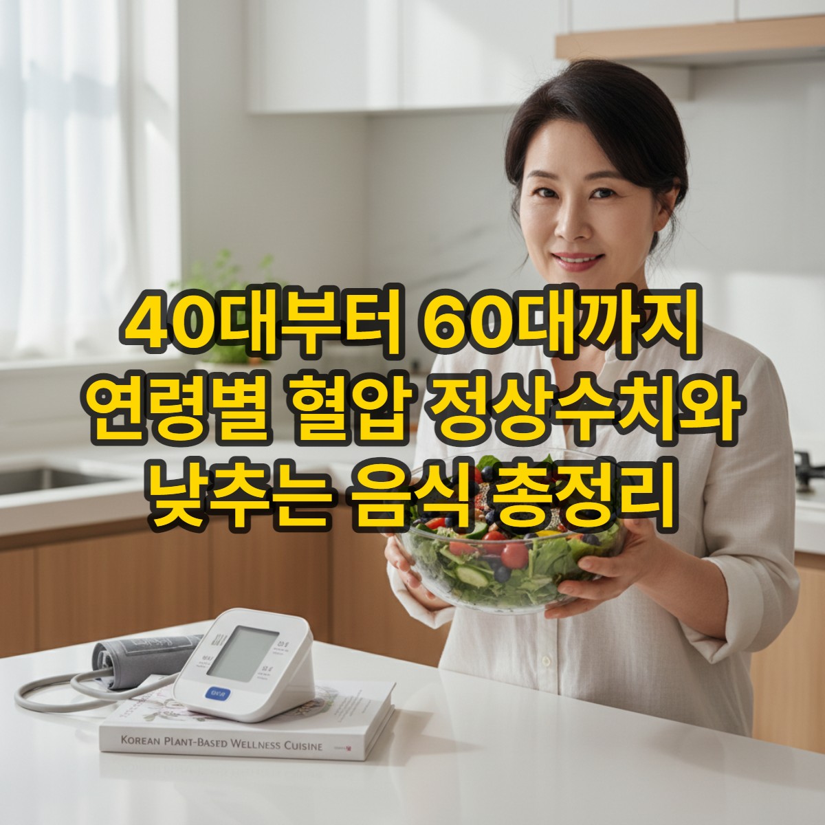 건강한 생활 습관을 실천하는 50대 한국인 여성이 신선한 채소 샐러드를 들고 미소 짓는 모습