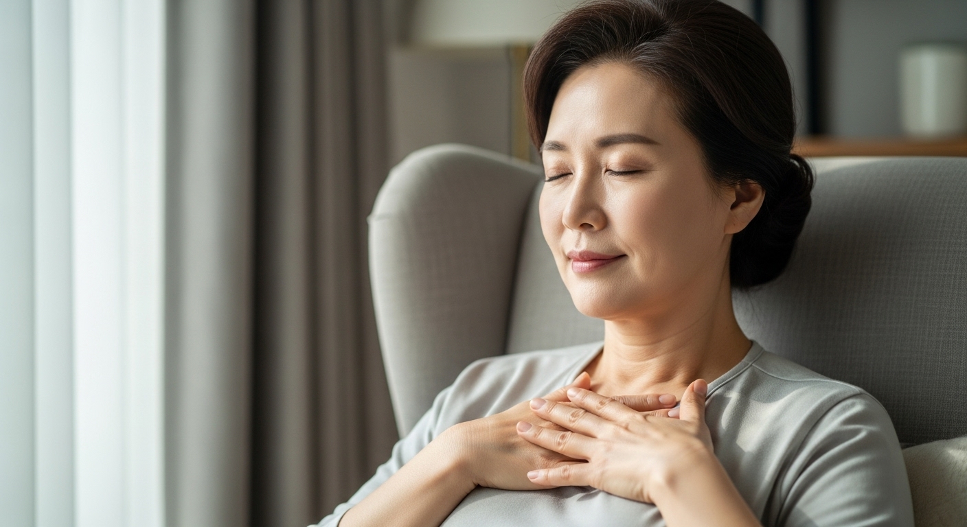 여성이 눈 감고 심호흡하며 휴식하는 모습