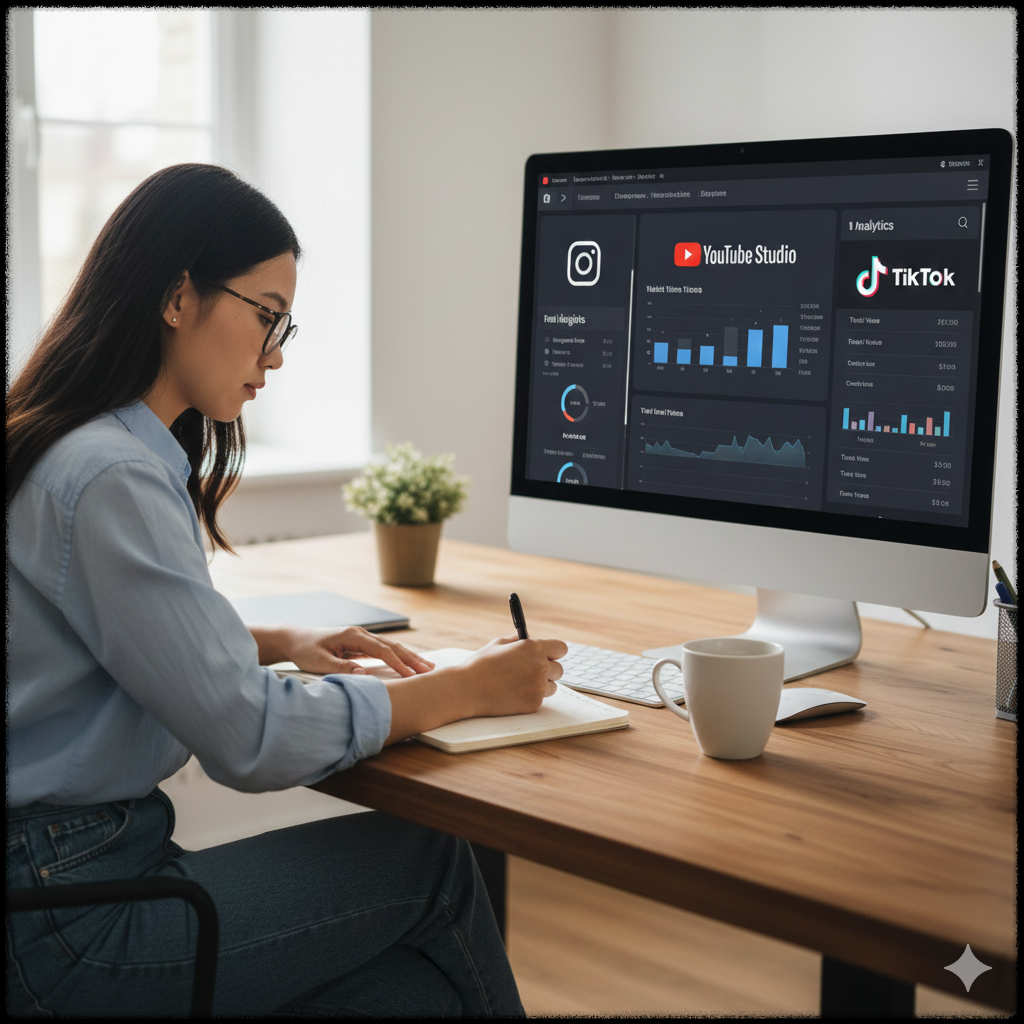 크리에이터가 여러 플랫폼 데이터를 참고해 콘텐츠 전략을 작성하는 모습