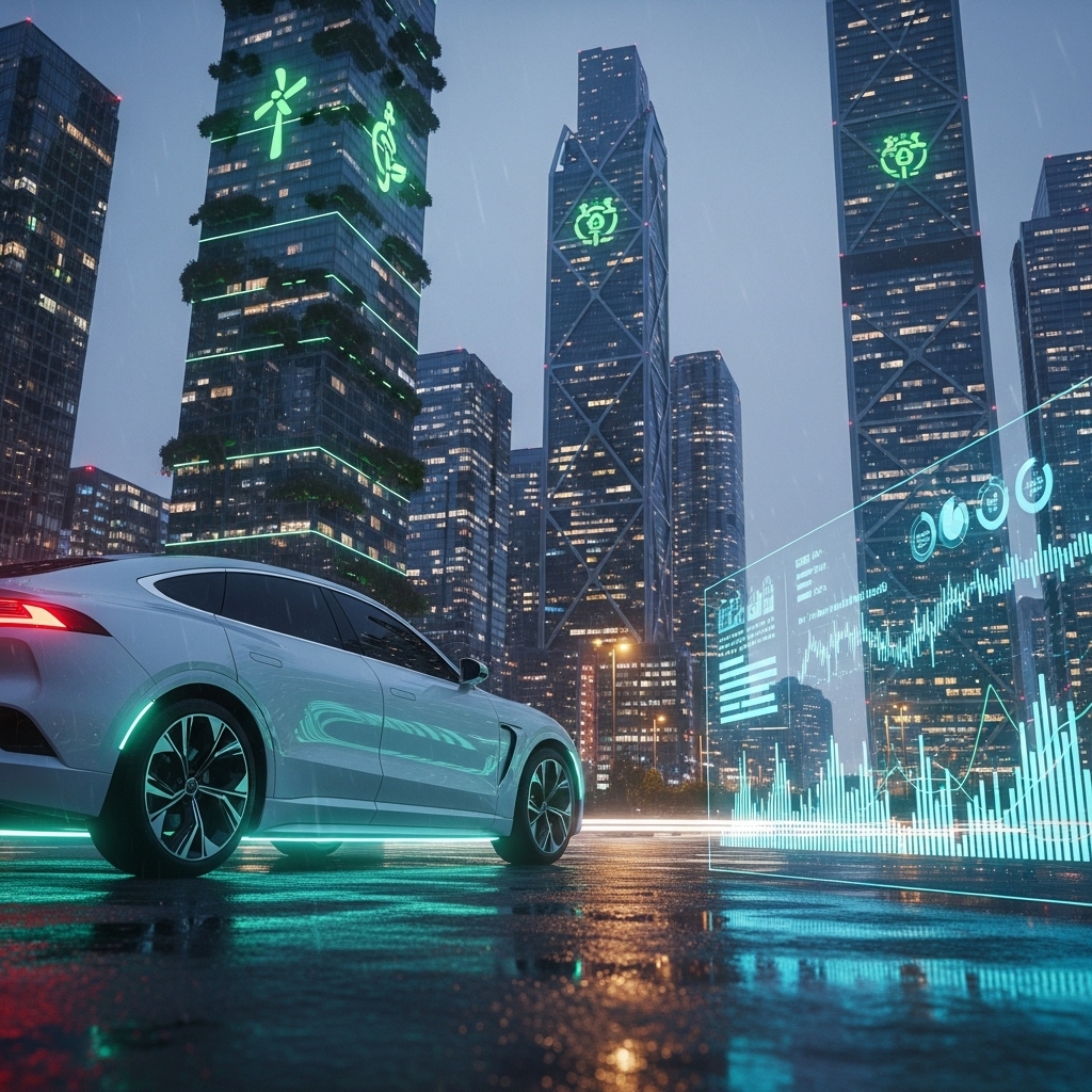 2026년 전기차 보조금과 숨겨진 혜택을 상징하는, 역동적인 도시 배경의 미래형 전기차.