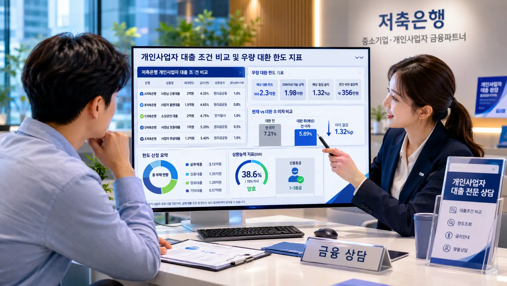 세련된 인테리어의 한국 금융 상담소 데스크에서 저축 은행 개인 사업자 대출 조건과 우량 대환 한도 지표를 모니터로 정밀 대조하는 풍경