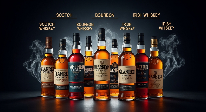 여러개의 위스키와 꼬냑들을 종류별로 진열해 놓은 이미지입니다.