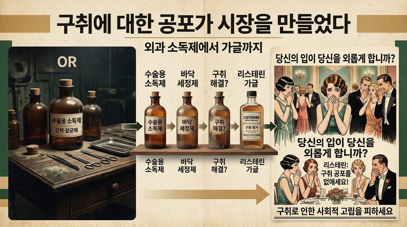 수술용 소독제에서 구강청결제로 바뀐 리스테린의 브랜드 변신을 보여주는 인포그래픽