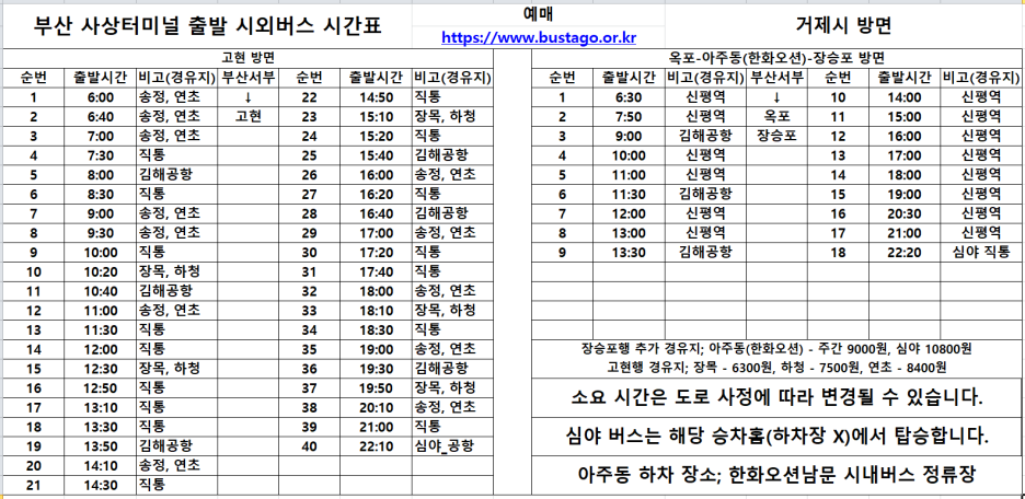 부산서부시외버스터미널 (부산사상터미널) 출발 시간표 2