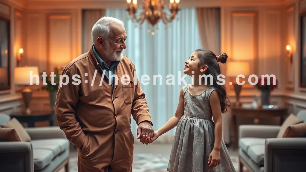 할아버지와 손녀가 손 잡고 행복해 하는 모습.