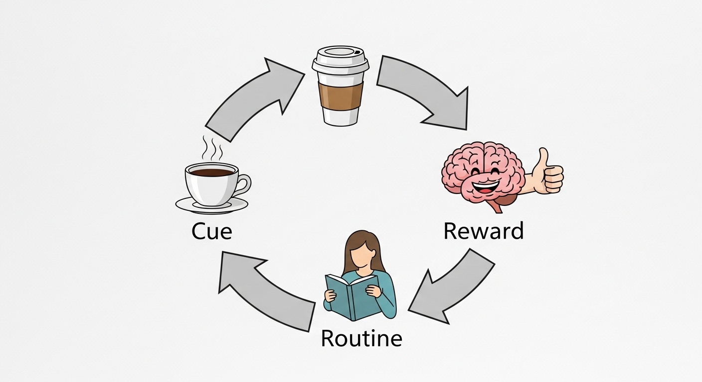 신호, 반복 행동, 보상으로 이어지는 습관 형성의 3단계 순환 고리를 시각적으로 설명하는 다이어그램.