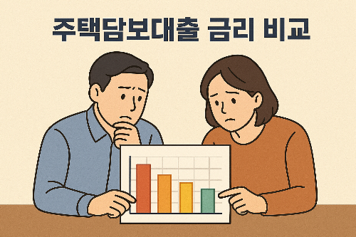 주택담보대출 금리 비교 표를 보고 있는 40대 부부의 모습