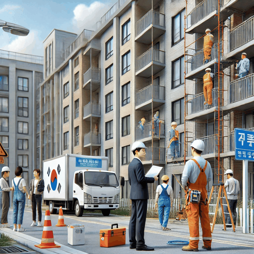 한국의 현대적 공동주택에서 유지보수 작업이 진행되는 모습을 담은 이미지