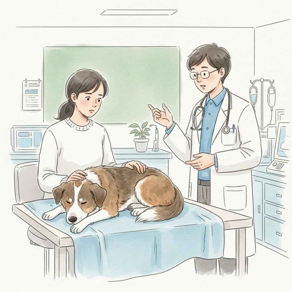 아픈 반려견 옆에서 걱정하는 보호자의 모습