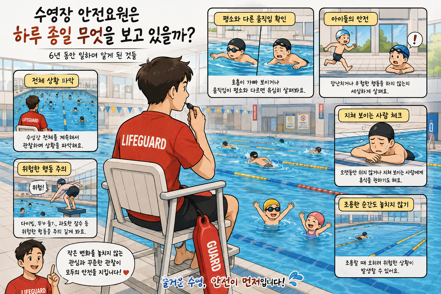 수영장 안전요원은 근무 중 무엇을 보고 있을까?