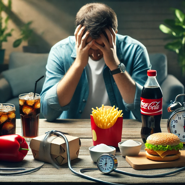 고혈압을 유발하는 패스트푸드, 짠 음식, 탄산음료와 스트레스로 고민하는 사람