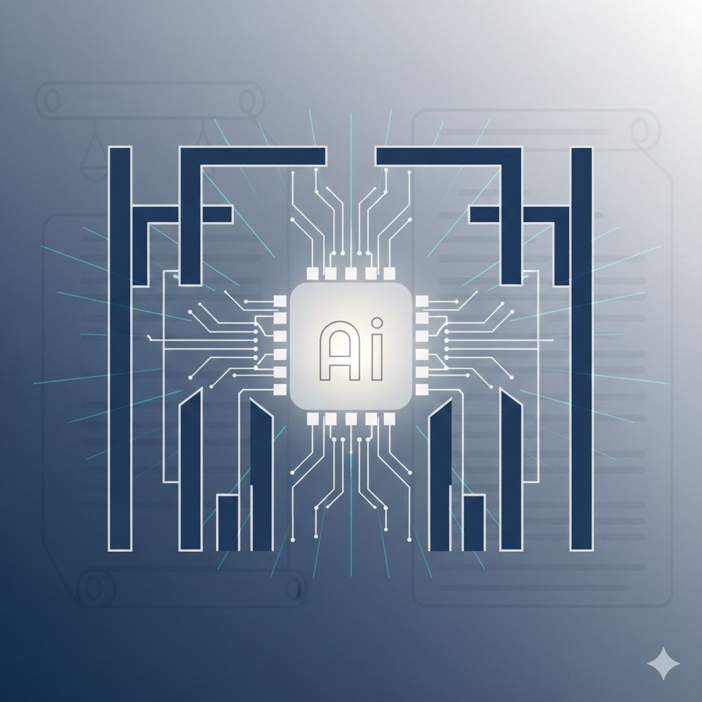 인공지능 기본법과 AI 규제를 상징하는 구조적 일러스트 이미지