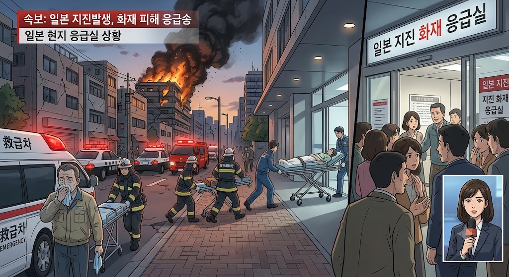 일본에 지진과 화재로 인해 심한 호흡 곤란으로 환자들을 응급실로 이송하는 모습