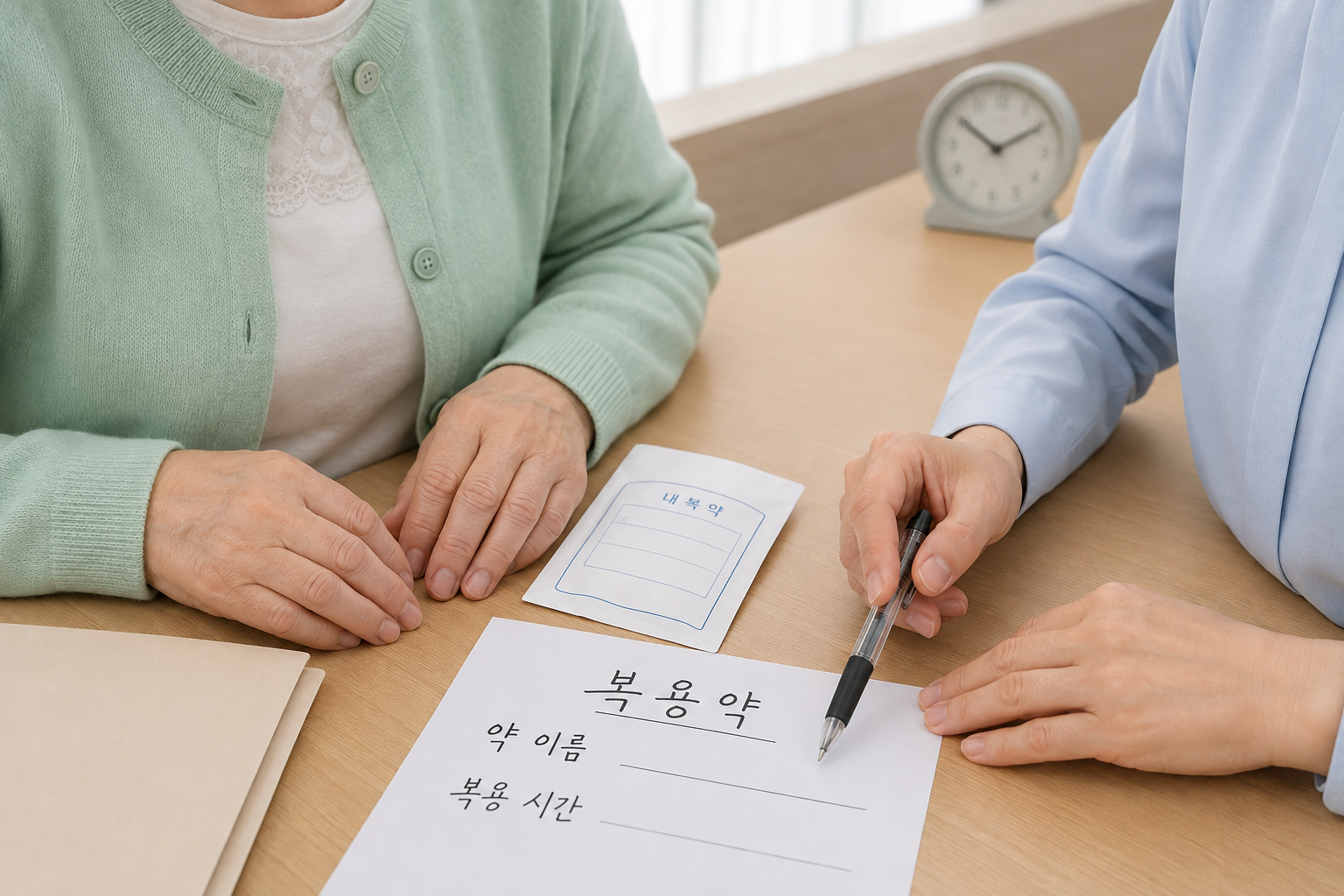 야간뇨 상담에서 약 이름과 복용 시간을 의료진에게 설명하는 장면