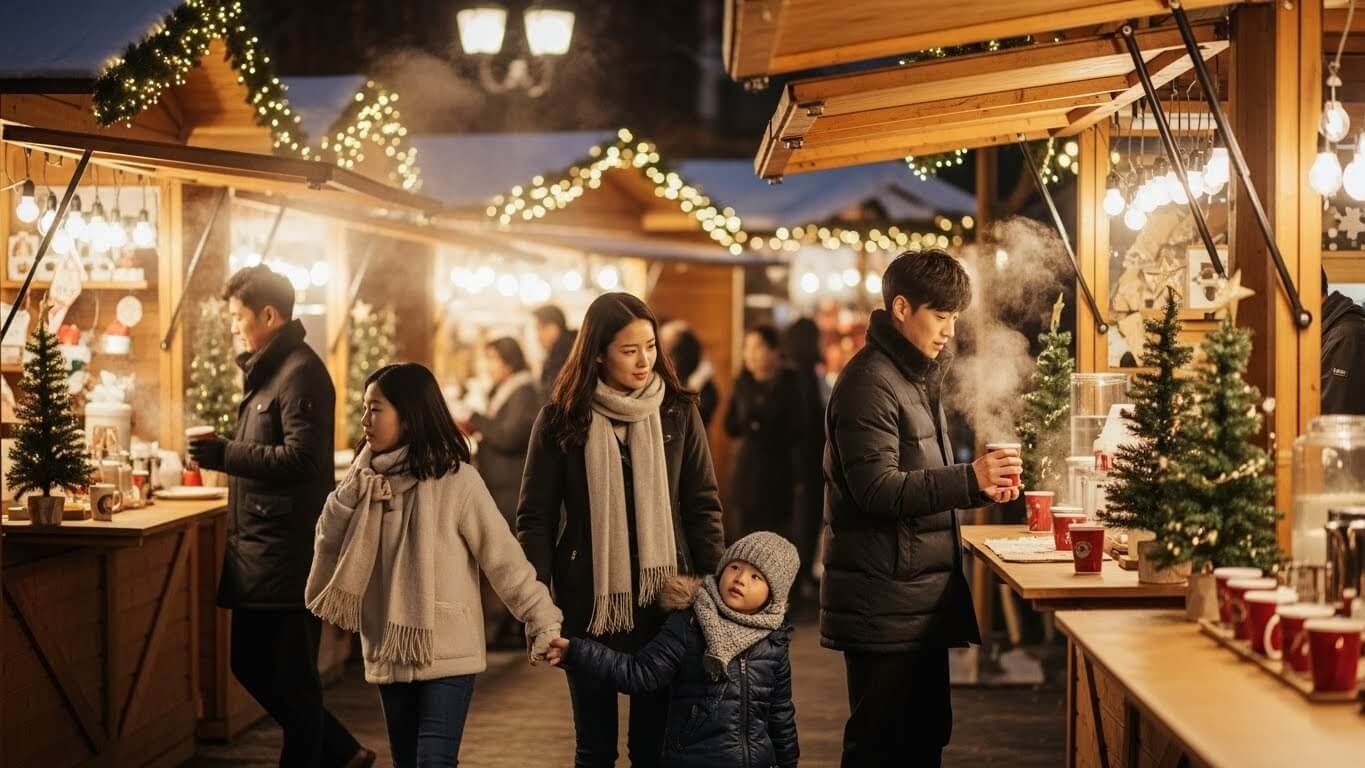 겨울밤 크리스마스 마켓을 걷는 가족과 방문객들. 따뜻한 조명과 나무 부스가 어우러진 서울 겨울 축제 분위기.