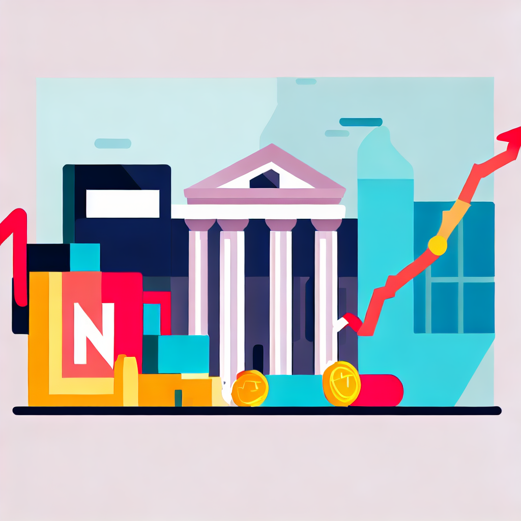 Flat vector style illustration of a stock market chart, bonds, art pieces, and commercial buildings.