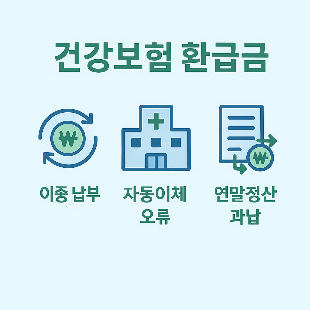 건강보험 환급금이 발생하는 주요 사유를 보여주는 인포그래픽으로, 이중 납부, 자동이체 오류, 연말정산 과납으로 인해 환급이 발생할 수 있음을 설명합니다.