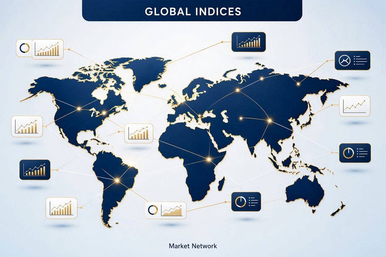 A digital infographic showing a world map with glowing golden data lines connecting major global financial hubs, representing the interconnected nature of international stock market indices
