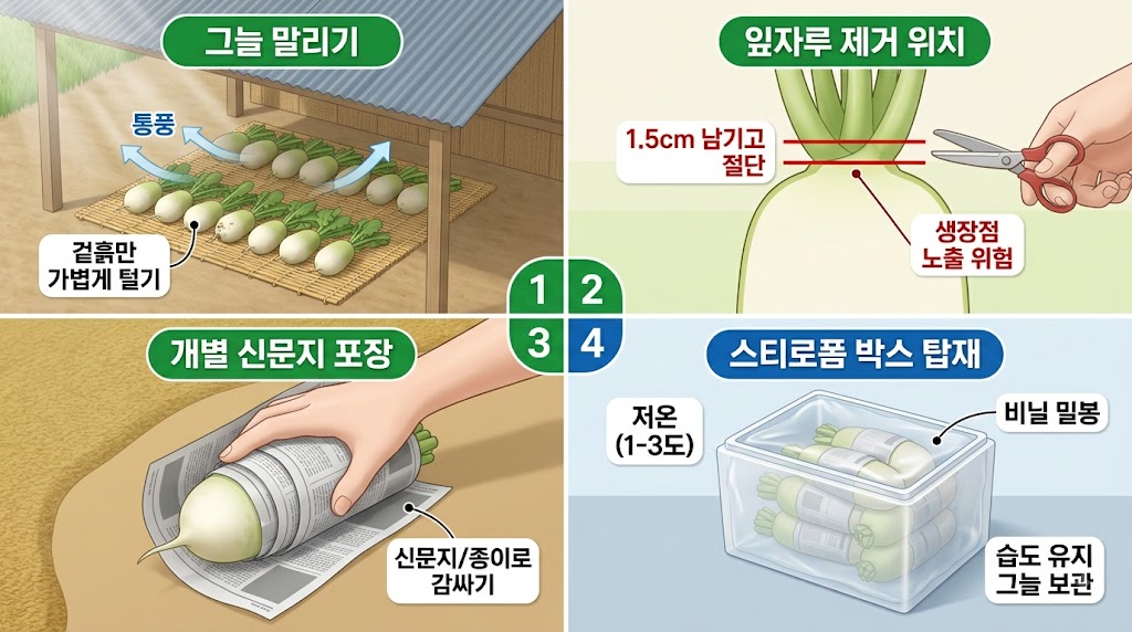 무 생장점을 안전하게 남기고 잎자루를 차단하는 손질법 및 신문지 포장 단계를 설명하는 인포그래픽