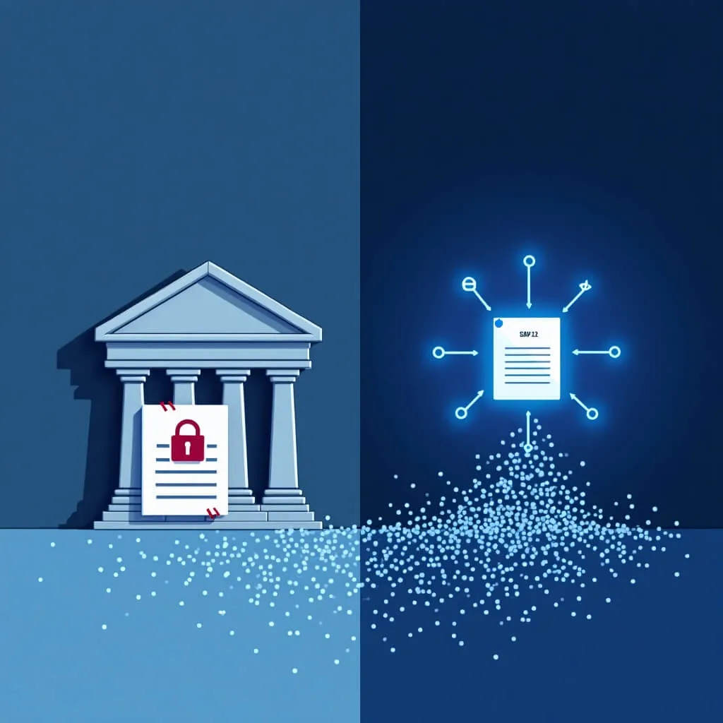 미국 RWA 토큰화: 닫혀 있던 은행 아이콘과 잠금 상징이 디지털 입자로 흩어지며, 열린 은행과 블록체인 노드로 이어지는 규제 전환을 표현한 이미지. SAB 121 폐지와 SAB 122 도입 변화를 상징하는 이미지.