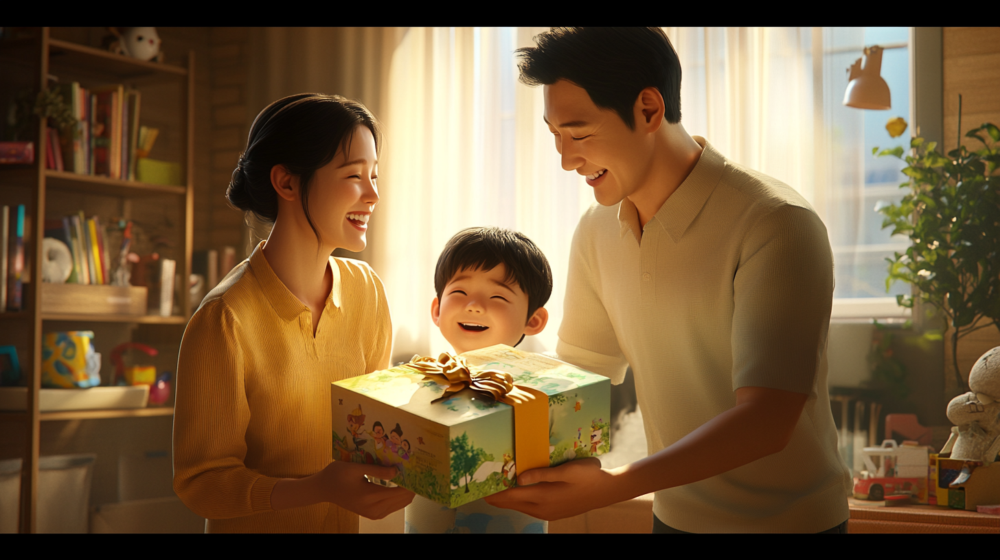 어린이날 선물로 도서를 선물하는 부모님의 모습