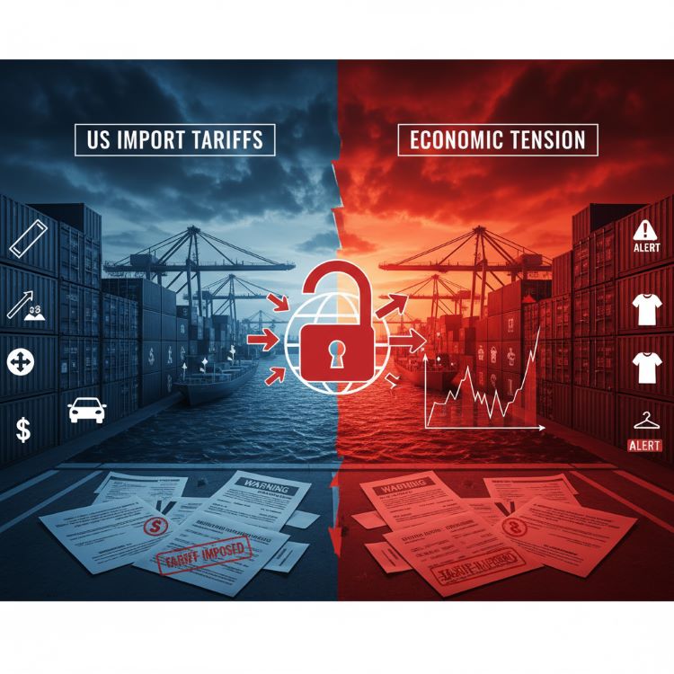 미국 항구에서 수입 컨테이너와 관세 서류가 쌓여 있는 장면, 철강·자동차·의류 품목 아이콘 강조. 푸른 바다와 붉은색 경고 톤으로 경제적 긴장감 표현