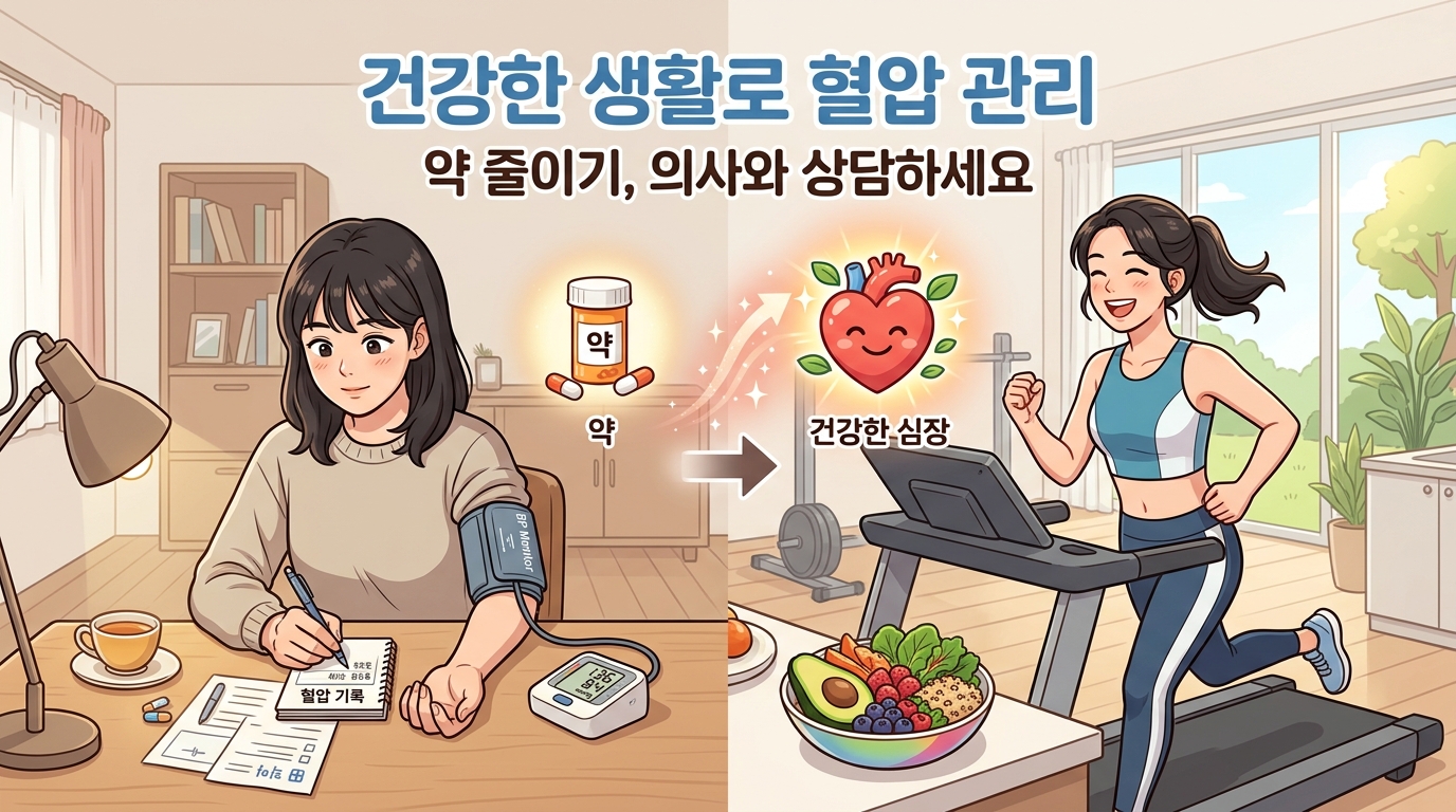 혈압을 꾸준히 측정하고 건강한 식단과 운동을 통해 관리하는 모습. 약 복용을 줄이기 위해서는 의사와의 상담이 필수적임을 보여주며, 건강한 생활 습관을 통해 혈압을 조절하고 약 의존도를 낮추는 과정을 시각화함.