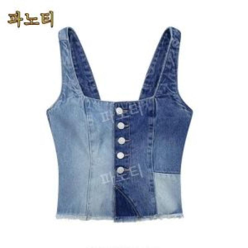 데님뷔스티에탑 청조끼 튜브탑 민길이 끈나시 캐주얼 버튼 언밸런스