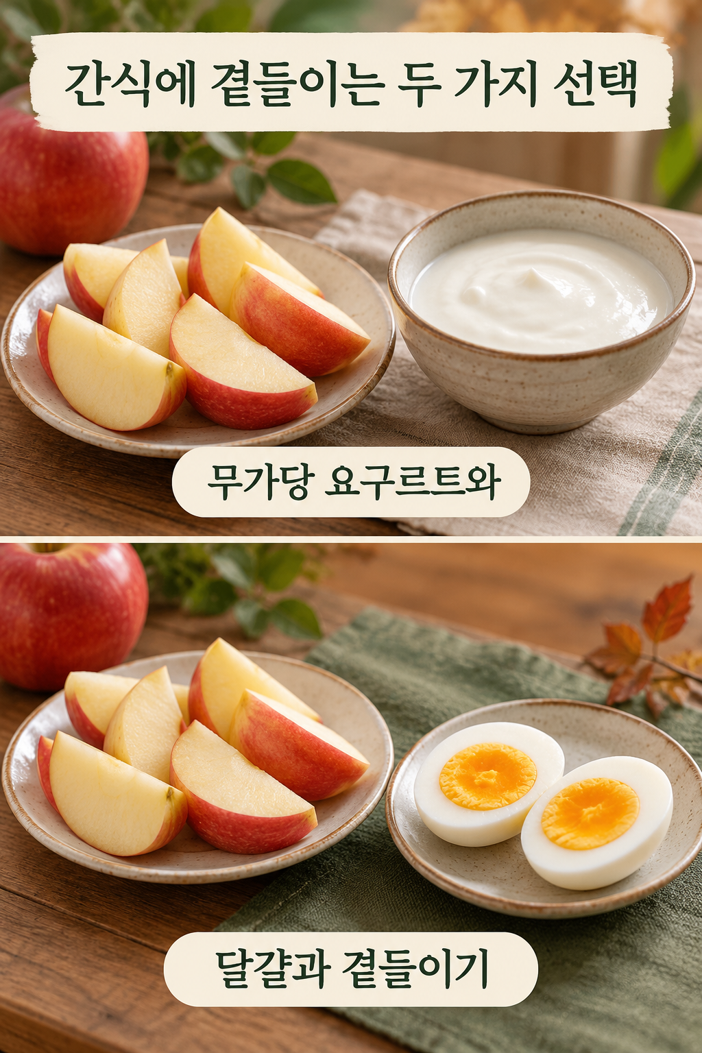 사과에 무가당 요구르트 또는 달걀을 곁들이는 두 가지 대안.