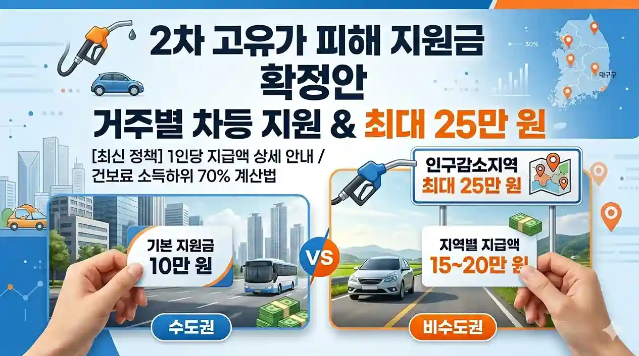 2차 고유가 피해지원금 확정안 안내 이미지. 수도권 기본 지원금 10만 원과 비수도권 지역별 지급액 15~20만 원, 인구감소지역 최대 25만 원 지급 혜택 비교. 1인당 지급액 상세 안내 및 건보료 소득하위 70% 계산법 포함