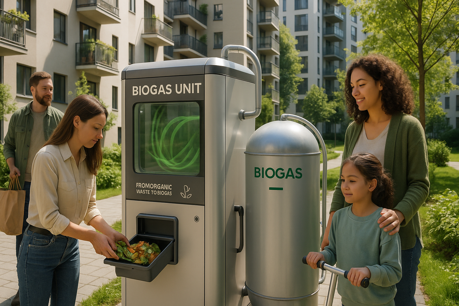 주거용 아파트 단지에 위치한 작고 미래적인 도시형 바이오가스 시설(Ai생성이미지)