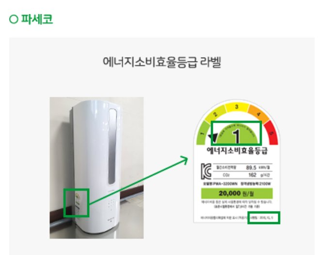 파세코 창문형 에어컨 에너지소비 효율등급 라벨 붙어 있는 위치