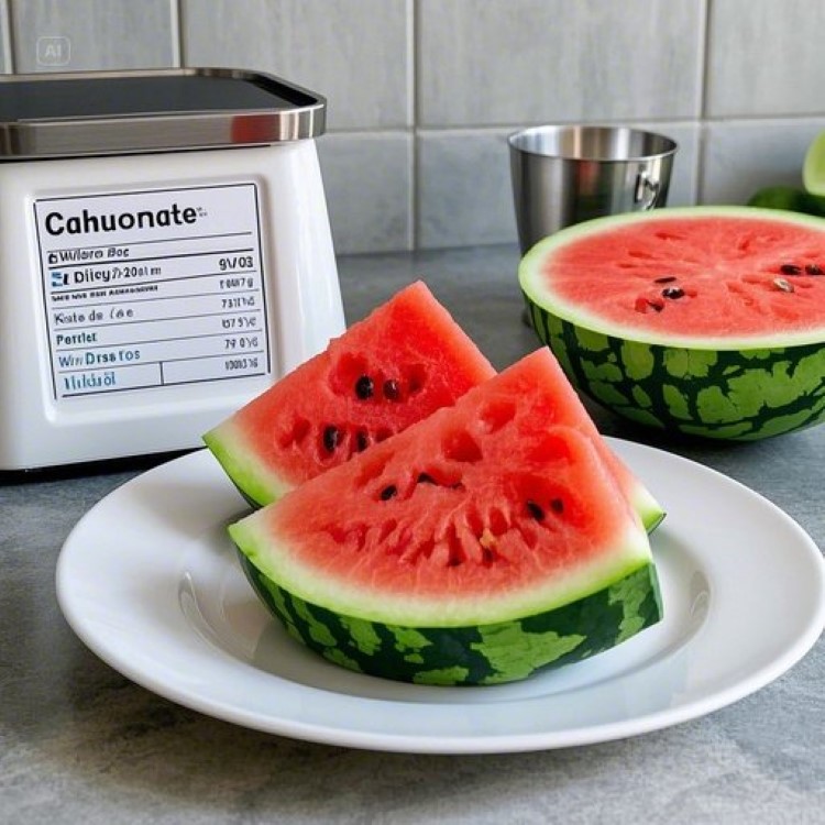 신선한 수박 조각들이 깔끔한 흰색 접시에 담겨있고, 옆에 칼로리 정보가 적힌 영양성분표가 보이는 모습, 밝고 건강한 느낌의 주방 배경, 측정컵과 저울이 함께 배치된 다이어트 콘셉트 이미지