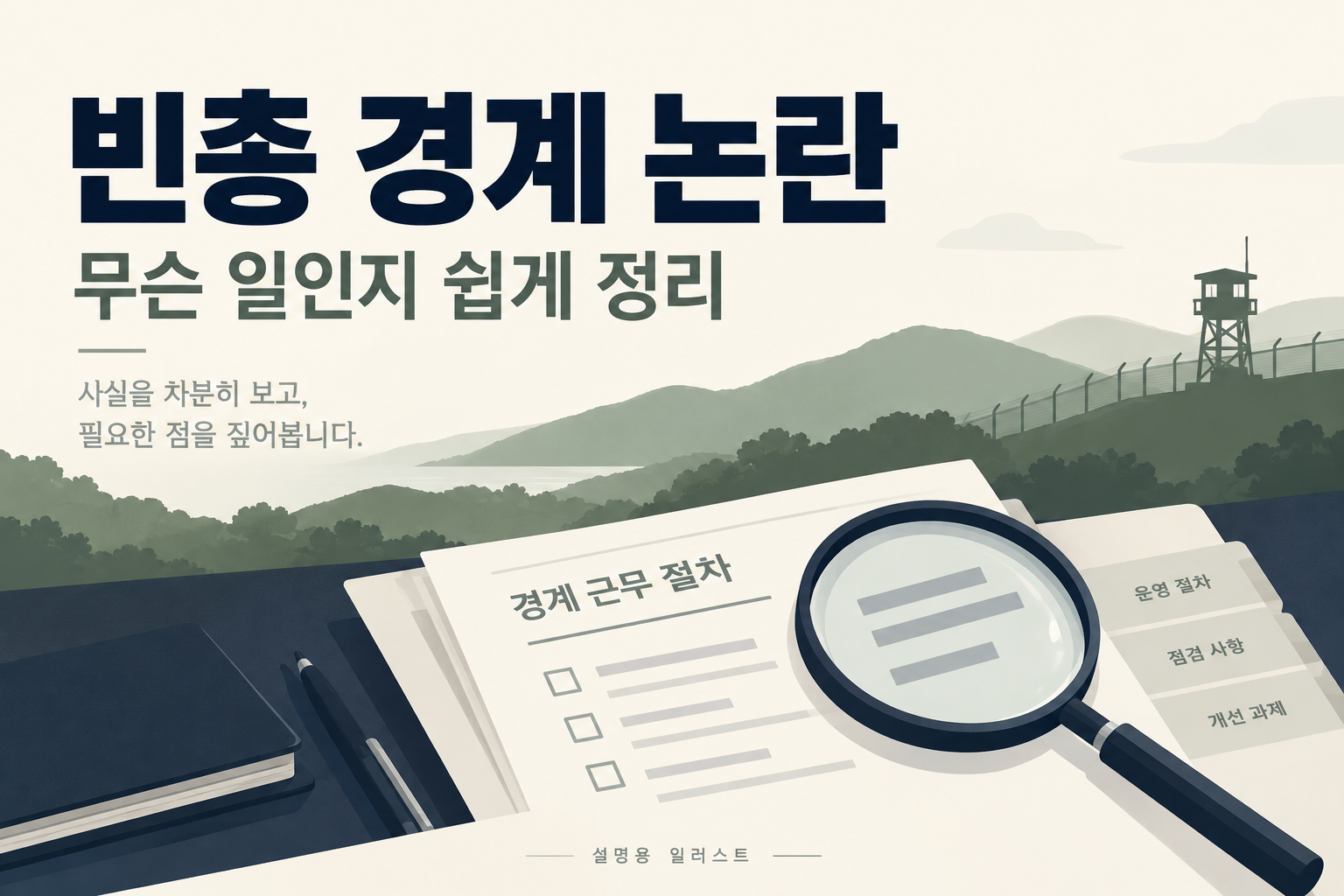 경계 근무 절차를 점검하는 문서와 돋보기, 초소를 표현한 설명용 일러스트