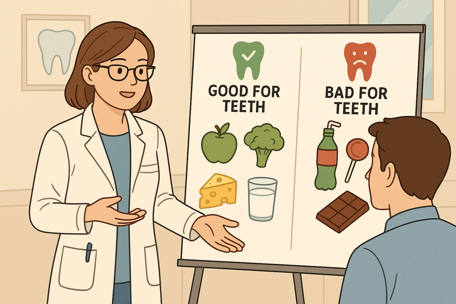 치아에 좋은 음식과 나쁜 음식을 비교 하고 있는 장면