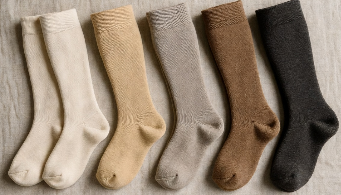 다양한 두께(데니아)의 기모스타킹을 확대해서 비교한 이미지. 얇은 것부터 두꺼운 것까지 섬유 조직의 밀도 차이가 명확하게 보이며, '겨울 압박 기모스타킹'이 슬림함을 유지하는 비결을 시각적으로 보여줌.