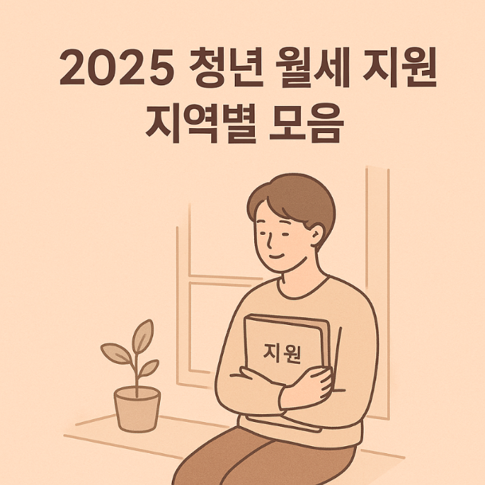 2025 청년 월세 지원 지역별 모음 썸네일 – 따뜻한 피치톤 배경 위에 창가에 앉은 청년이 '지원'이라고 적힌 폴더를 안고 있는 일러스트 이미지. 상단에 '2025 청년 월세 지원 지역별 모음' 문구가 진한 고딕체로 중앙 정렬된 가로형 디자인.