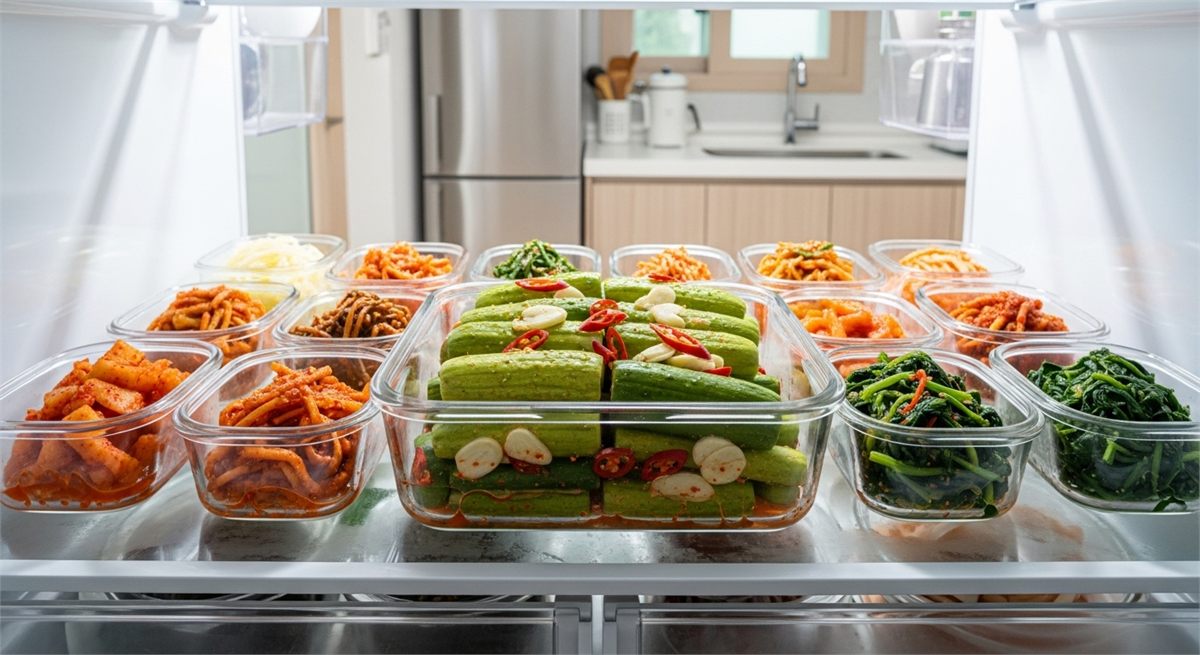 완성된 오이소박이를 밀폐용기에 담아 냉장 보관한 장면 