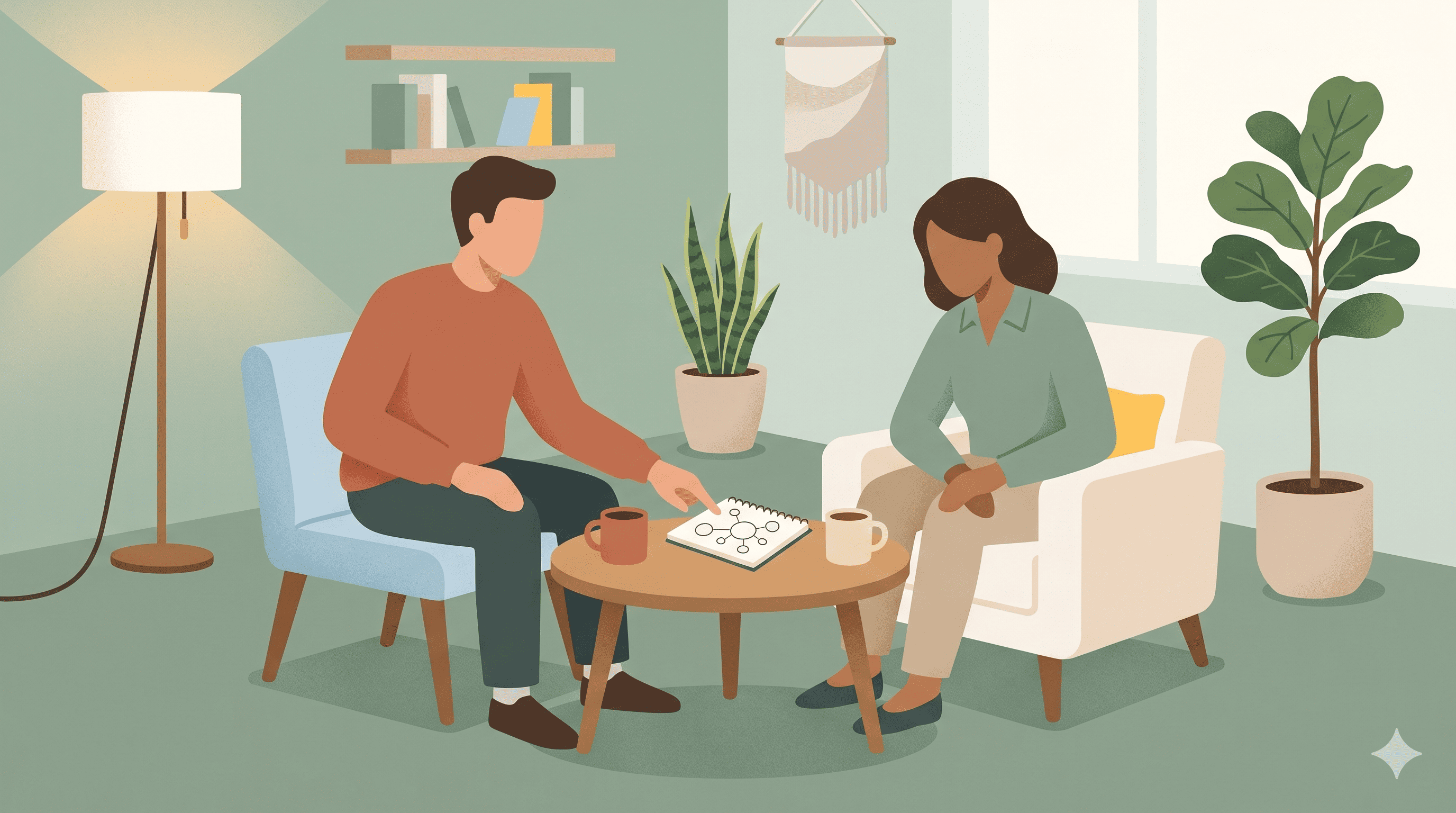 입사 30일 이내 커피챗으로 핵심 이해관계자를 매핑하며 조직 적응 전략을 실행하는 일러스트