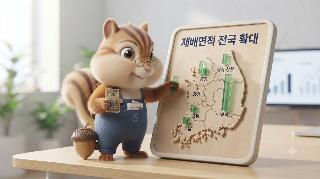 한국 지도 패널에 지역별 재배면적 증가율 막대를 꽂는 다람쥐 캐릭터, 패널에 재배면적 전국 확대라는 문구가 쓰여 있는 일러스트