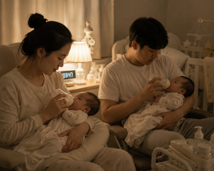 엄마 아빠가 함께 쌍둥이 분유 수유하는 장면, 신생아 육아 기록 사진