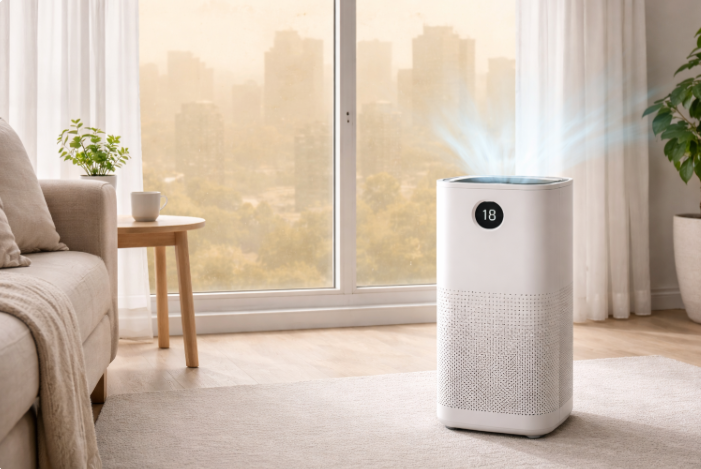 봄철 황사로 뿌연 도심을 배경으로 실내에서 공기청정기가 작동 중인 장면