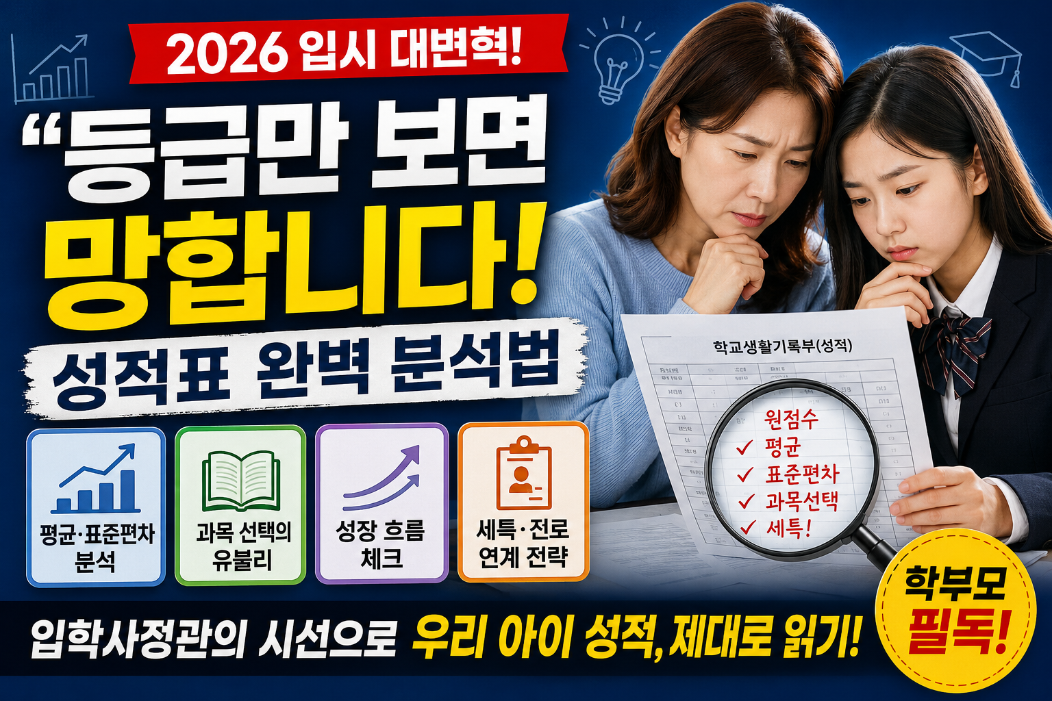 2026년 대입 개편과 고교학점제 시대를 대비한 학부모용 고등학교 성적표 분석 썸네일, 내신 5등급제와 원점수&middot;평균&middot;표준편차&middot;세특&middot;과목 선택 전략을 강조한 교육 콘텐츠 이미지, 성적표를 함께 보는 학부모와 학생 모습, 입학사정관 시선의 성적 관리 및 대입 전략 설명 썸네일